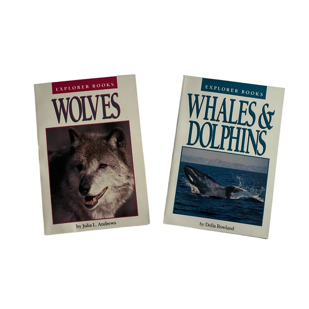 2 Books WHALES & DOLPHINS by Della Rowland and WOLVES by Julia Andrews 1991